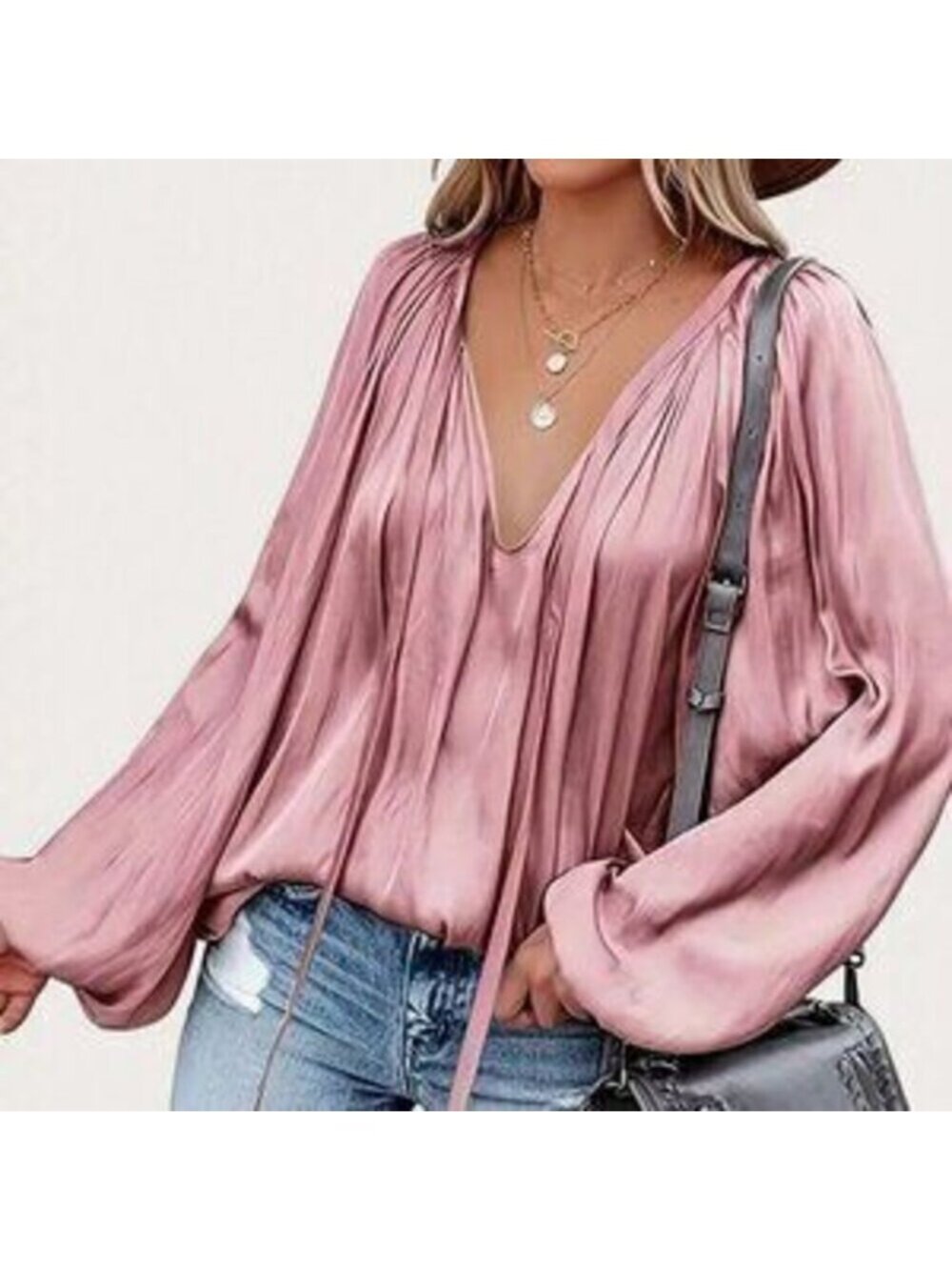 Dusty Pink Casual Women's Elegant Tie Collar Lantern Sleeve Ruched Blouse - Picture 2 of 5